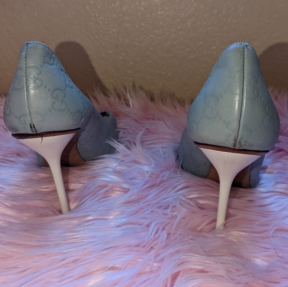Gucci Monogram Baby Blue Open Heeled Pumps Authentic - Picture 4 of 12
